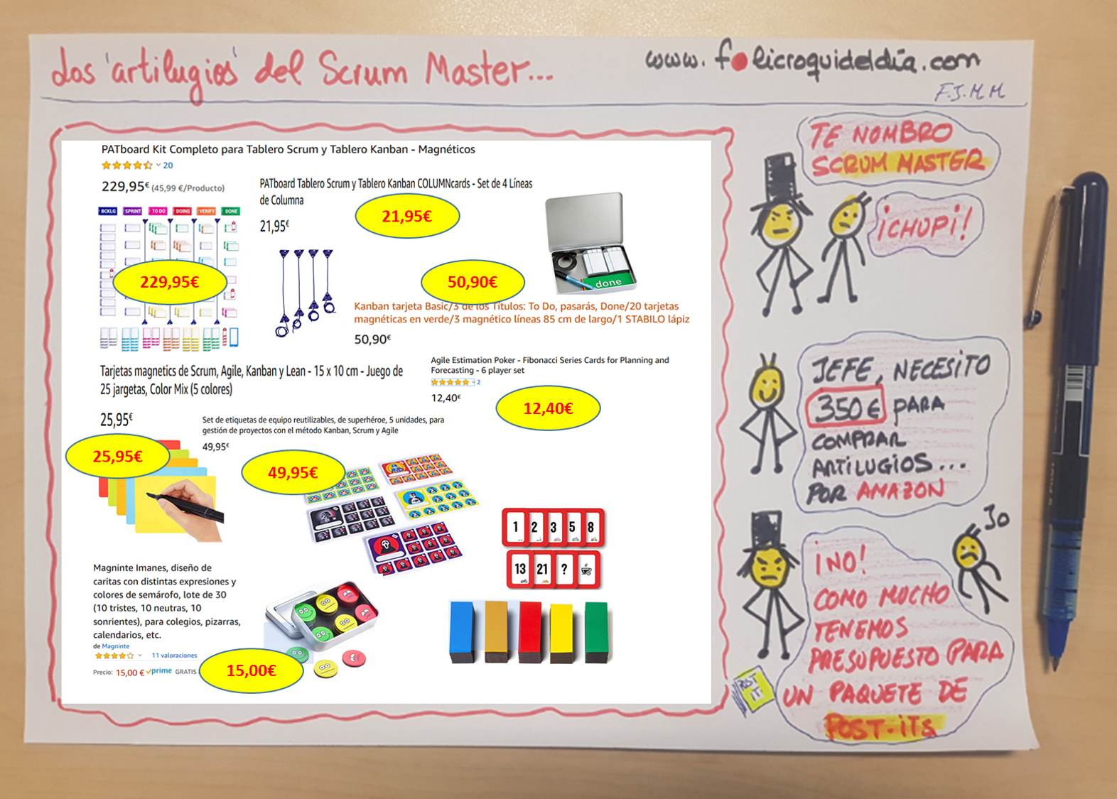 Los artilugios del Scrum Master para hacer su trabajo. En Amazon puedes comprar cientos de cosas. Si no te gastas 500 euros no eres nadie