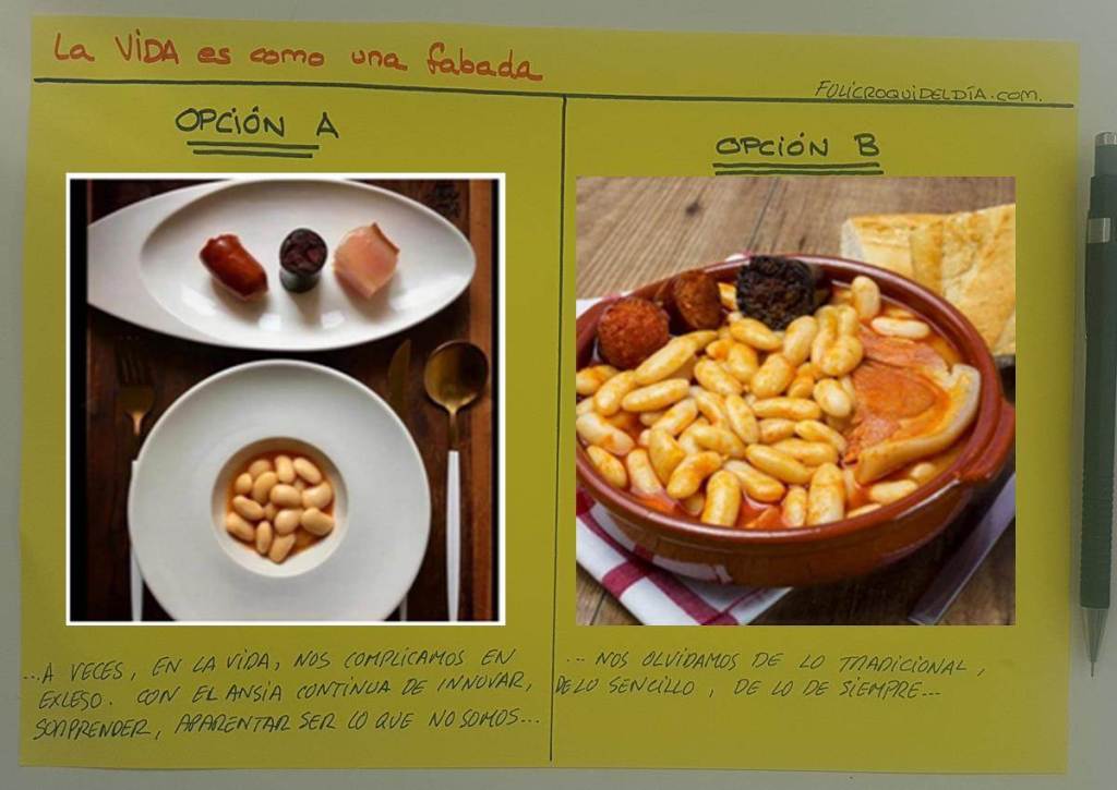 La vida es como una fabada. A veces, nos la complicamos en exceso. Con el ansia continua de innovar, de sorprender y que nos sorprendan, de generar necesidades, de diferenciarnos, de aparentar ser lo que no somos, etc... 